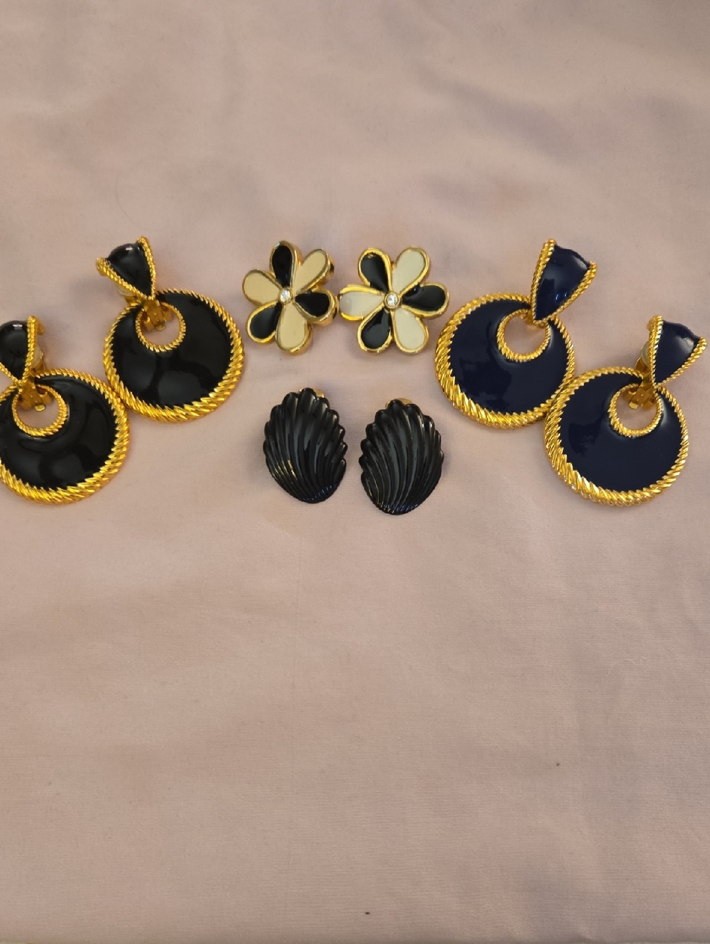 Vintage estate Gold-Tone Black and Navy Enamel Drop Earrings Set - Women Jewelry